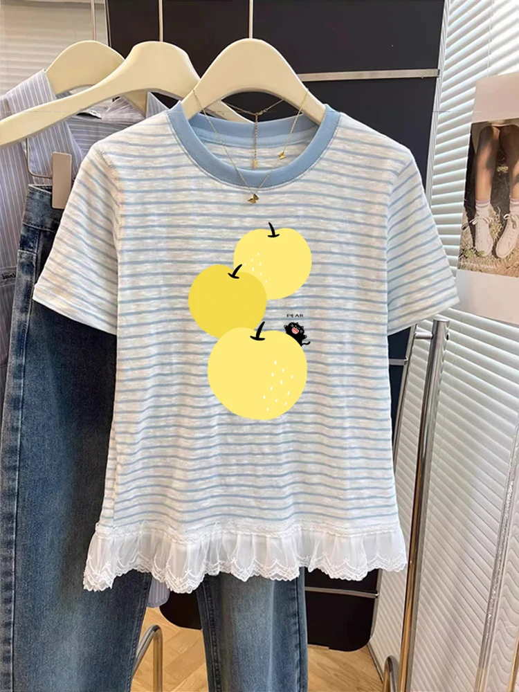 

Chic Lace Splice ort Sve T-irt ex Summer Casual Stripe Top Trendy Breathable Sweat Absorbent round Ne Loose Fit