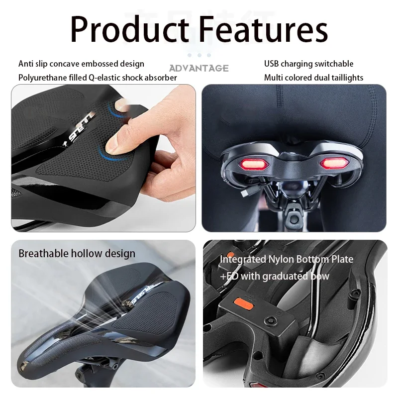 PLSELIS Fahrradsattel, Rücklicht, USB-Aufladung, kurze Nase, hohe Rückfederung, Fahrradsitz, stoßfest, Rennrad-Zubehör