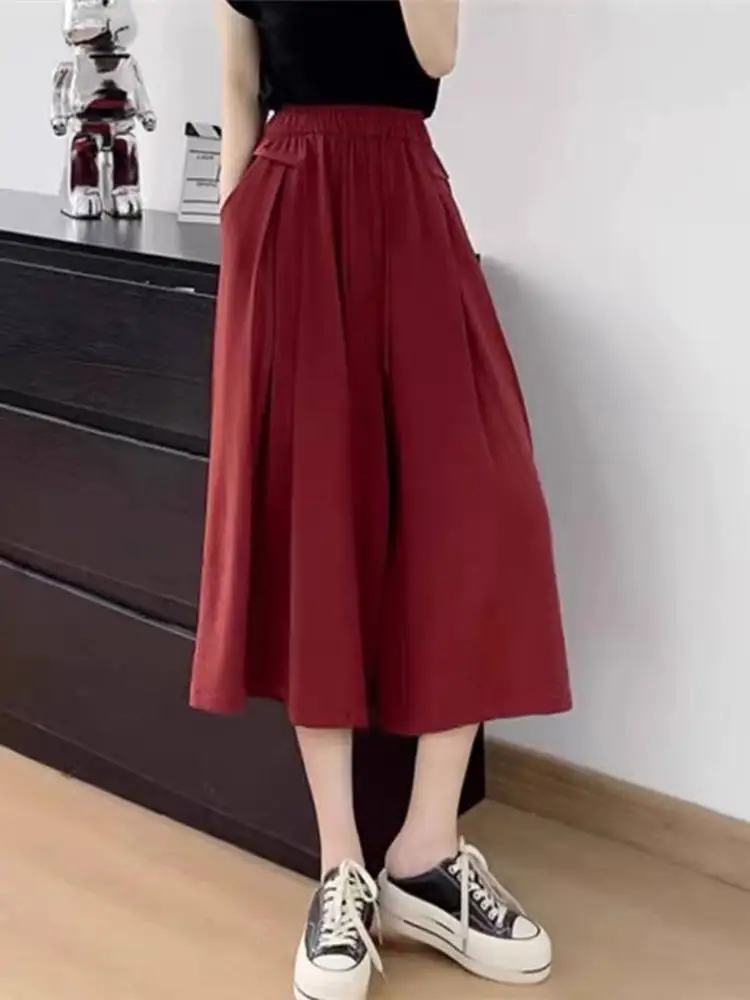 الحرير الجليد بنطال ذو قصة أرجل واسعة المرأة الصيف تنورة رقيقة السراويل جديد Sle 2025 فضفاض عالية الخصر التخسيس سبعة أرباع بناطيل كاجوال #3