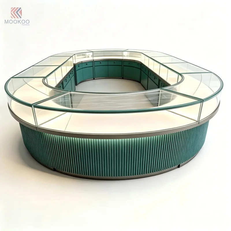 custom.MOOKOO Custom Curved Jewelry Display Fluted Panel Glass Showcase Metal Trim LED Light Luxury Jewellery