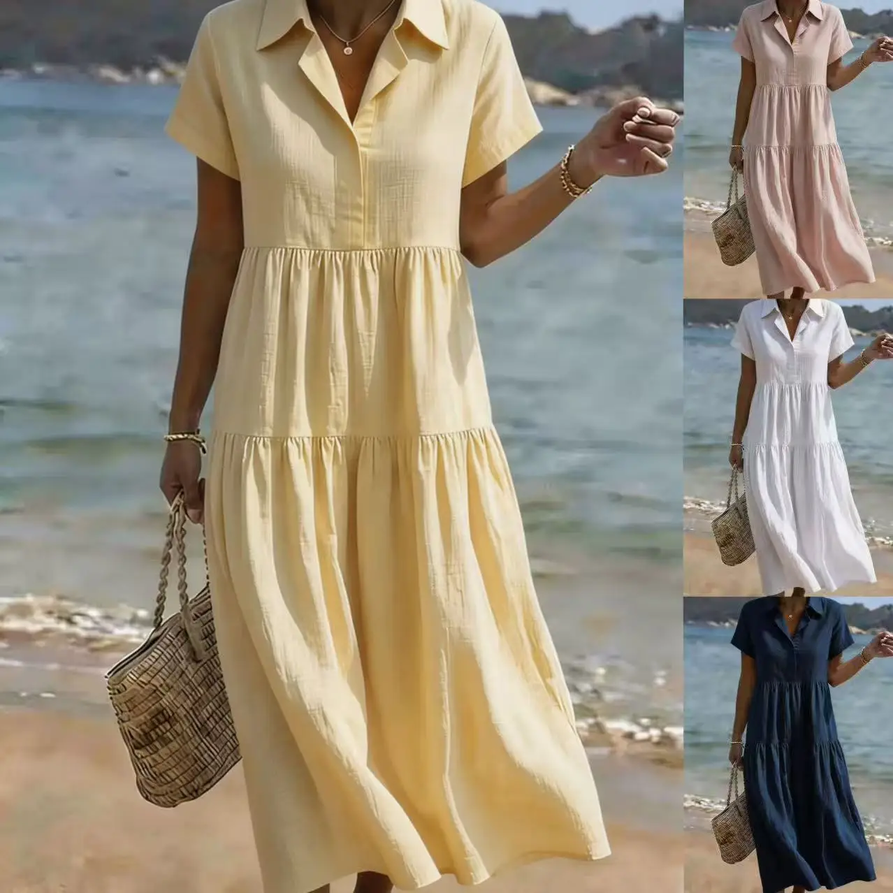 Solid Color Casual Loose Long Dresses For Women 2026 Fashion Summer Women's A-Line Midi Dress Elegant Vintage Female Dresses