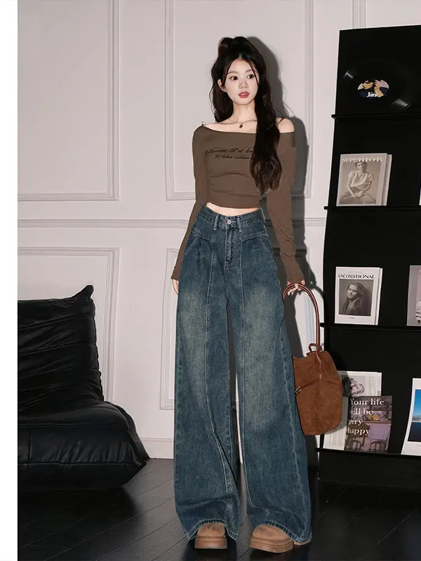 

Американские ретро-джинсы синего цвета с широкими штанинами для женщин, осенне-зимние, новые, с высокой талией, свободные, больших размеров, длинные брюки