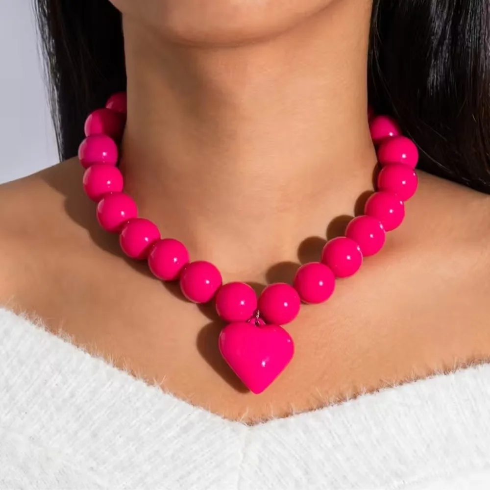 Oversized Heart Pendant Bead Necklace for Women Acrylic Choker French Elegant Luxury Clavicle Colorful Statement Jewelry Gift