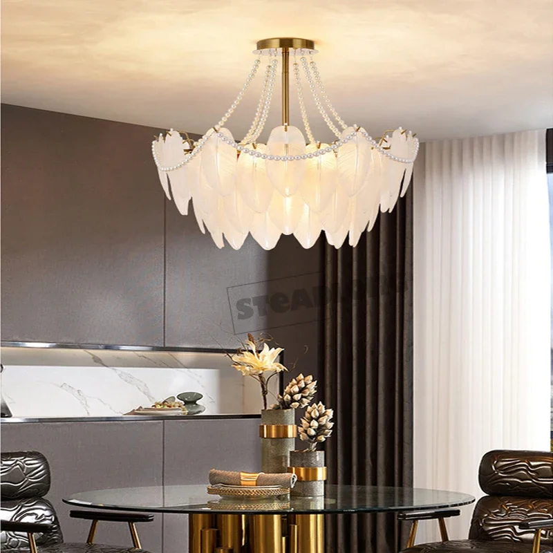 Modern LED Pearl Feather Glass Celling Chandeliers Living Dinging Room Pendant Lamp Home Decor Lustre Hanging Light Fixture