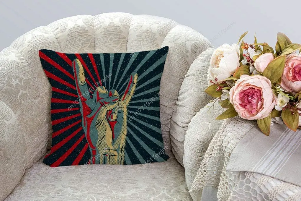 SSOIU Hand in Rock n roll Sign Decorative Throw Pillow Covers 18x18 Inches Cotton Linen Cushion Cover for Home Couch Sofa Bench