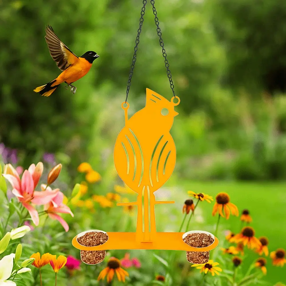 

Weatherproof Hanging Oriole Bird Feeder Decorative PP Bowls Metal Bird Feeding Platform Spill Proof with S Hook