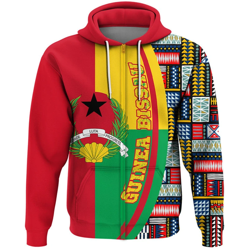 Guinea-Bissau Flag Map Graphic Sweatshirts GW National Emblem Zip Up Hoodies For Men Clothes Casual Male Hoody Sports Pullovers