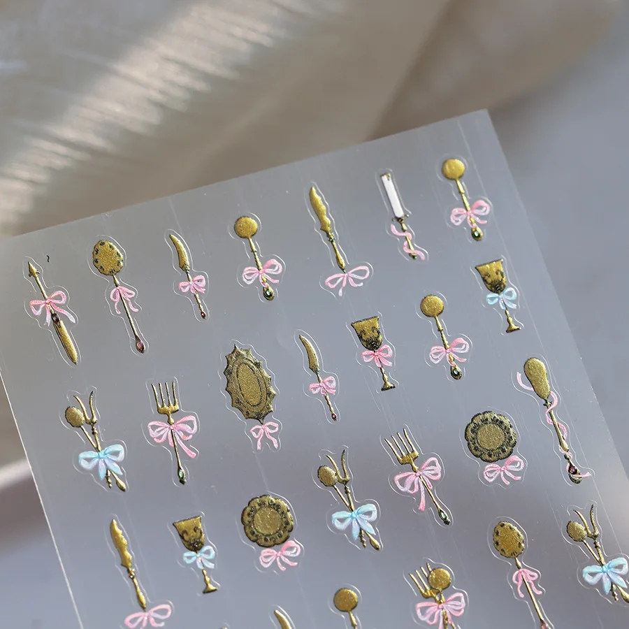5D Jelly Retro Gold Silver Western Tableware Knife Fork Cup Plate Pink Bowknot Adhesive Nail Art Stickers Decals Manicure Charms