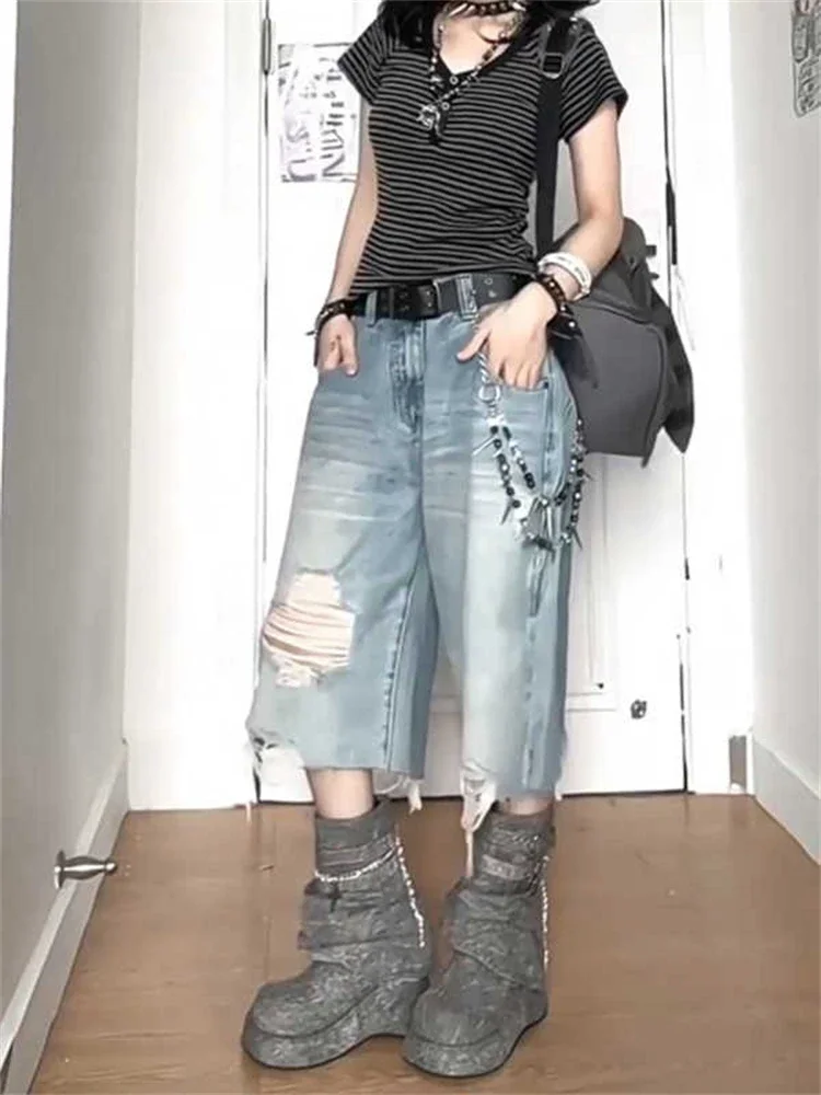High Street Vintage Ripped Denimกางเกงขาสั้นผู้หญิงY2Kล้างหลวมขากว้างCroppedกางเกงยีนส์ดิบHemกลางลูกวัวกางเกงStreetwear E-สาว