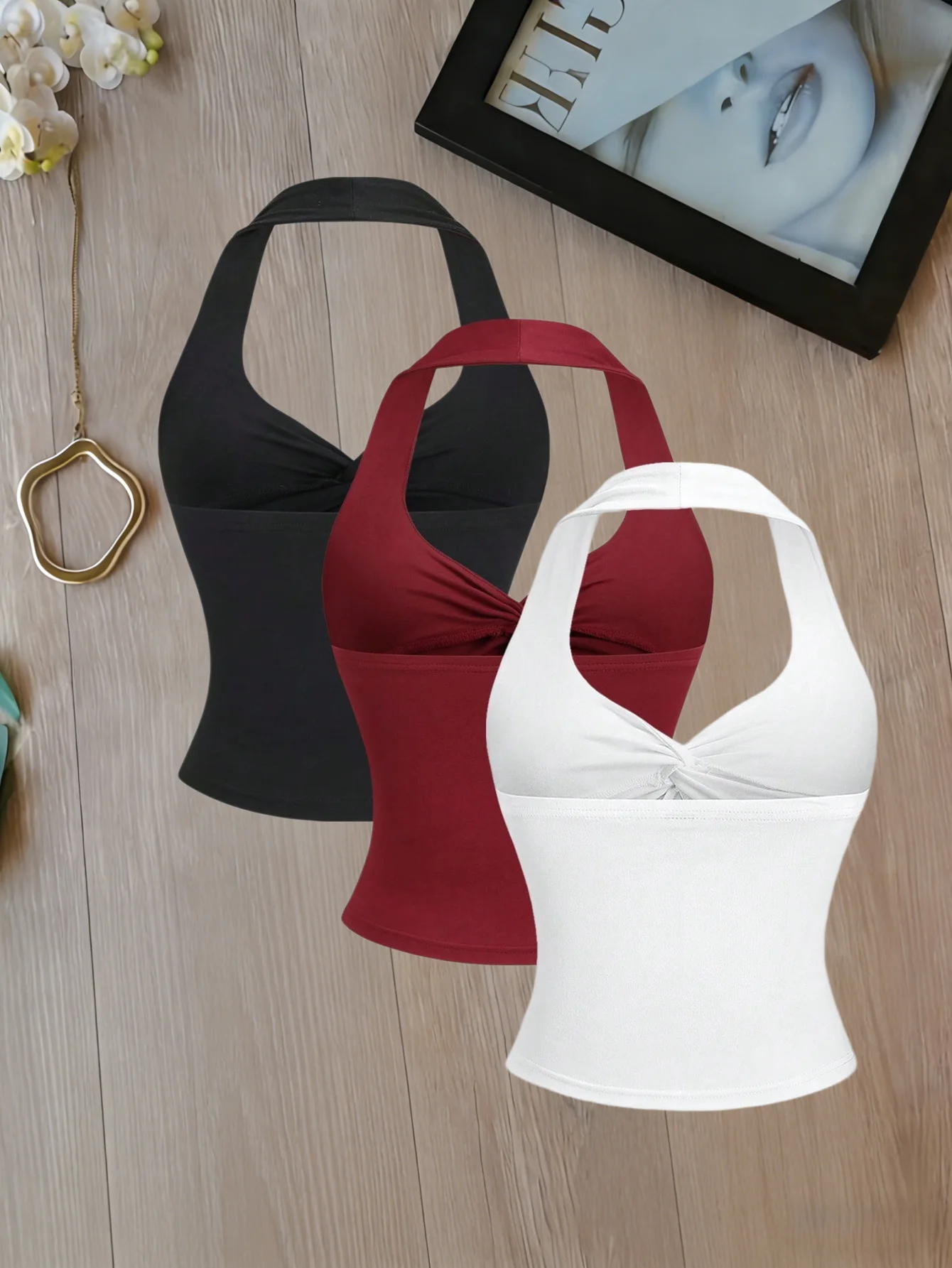 3 Pcs Women Halter Deep V Front Twist Knot Side Ruched Slim Fit Crop Cami Top Multi-color Solid Black White Wine Red Sleeveless
