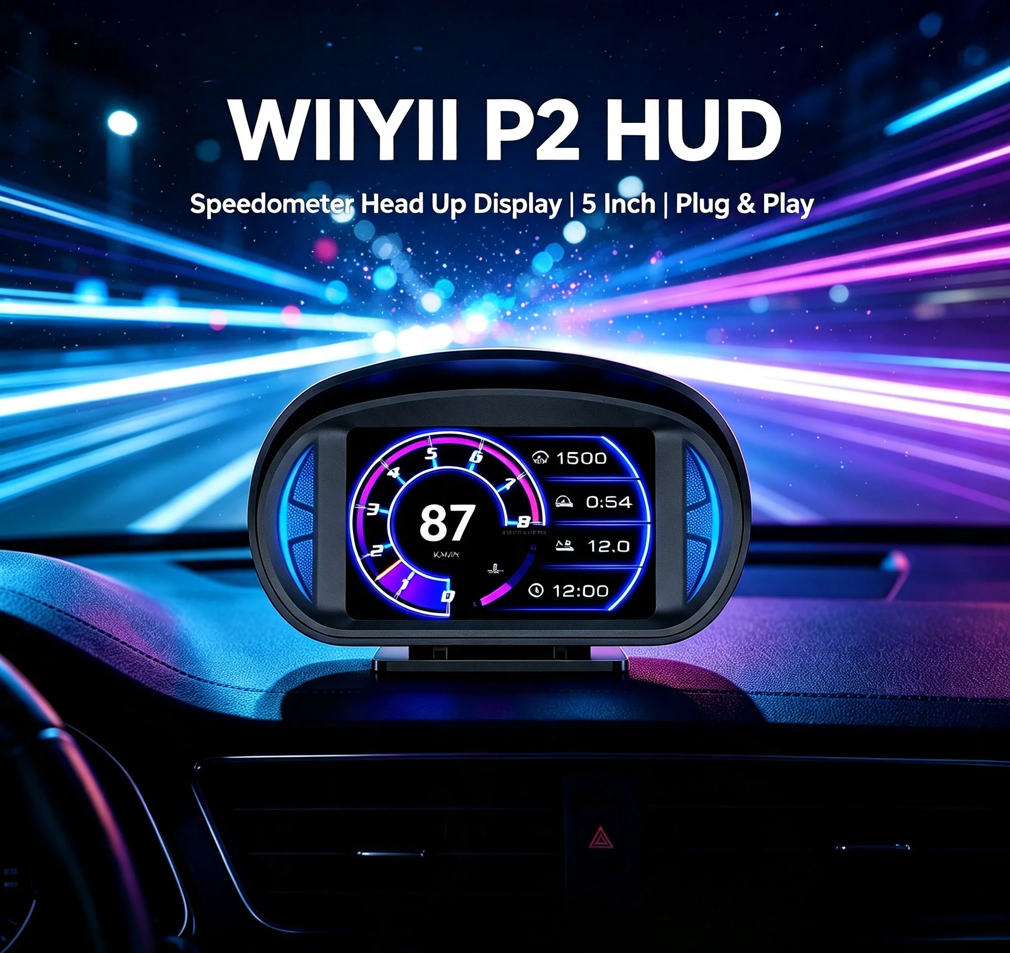 WiiYii P2 OBD2+GPS Speedometer Head up Displays 5 Inch Slope Turbo Car HUD Gauge Fuel Consumption Plug & Play Fast Refresh Rate
