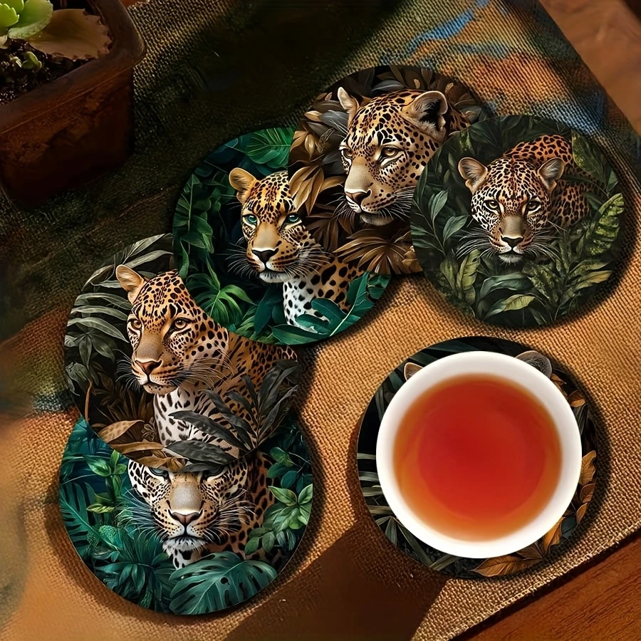 6pcs 2D Flat Jungle Leopard Pattern Wooden Coasters Coffee Teacup Decor Coffee Shop Beverage Shop Family Restaurant Home Gifts