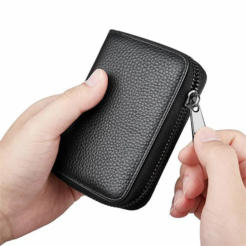 Tarjetero de cuero genuino para hombre y mujer, tarjetero Unisex con bolsillo y cremallera, monedero con cremallera