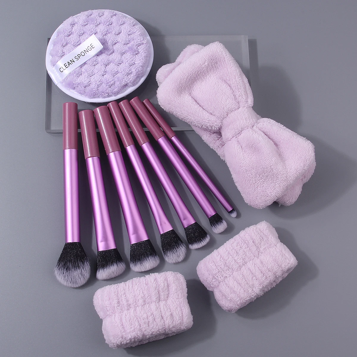11PCS portable multi-purpose makeup brush set, bow-shaped hairband wrist strap, thickened cleansing powder puff beauty tool
