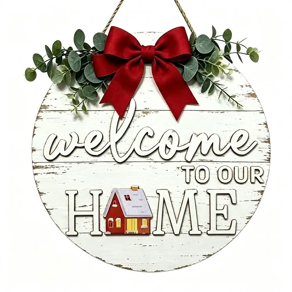 Durable 2D Flat Wooden Door Sign Floral Pattern Solid Wood Door Wreath Bow Pattern Wooden Welcome Sign Holiday Decorating