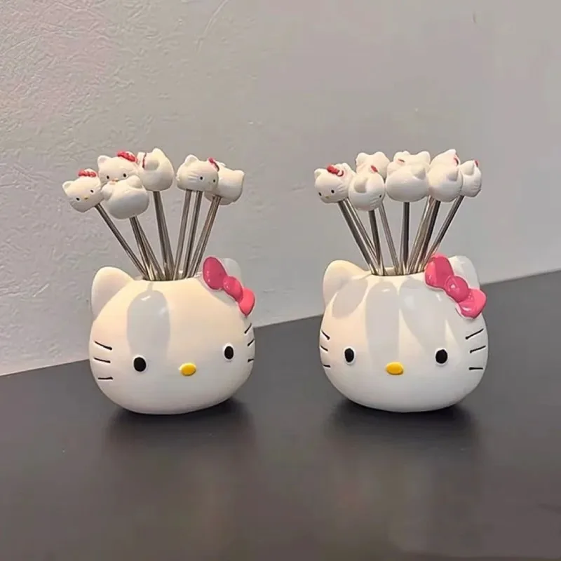 Cute Hello Kitty Fruit Fork Stainless Steel Mini Creative Fruit Picks Home Kitchen Bento Accessories Set Trendy Birthday Gift