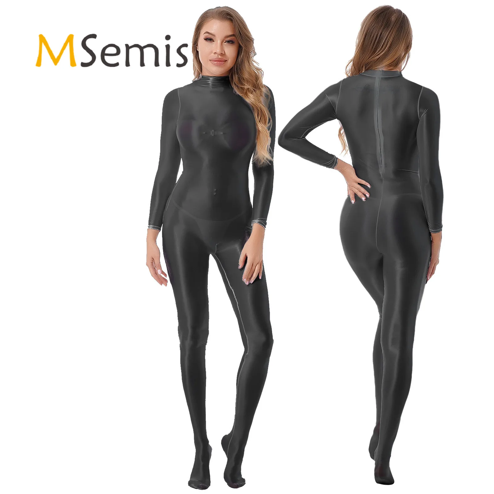 Womens Swimsuit Mock Neck Back Zipper Bodystocking Glossy Solid Color Sport Fitness Long Sleeve Bodysuit Sportwear Nightwear