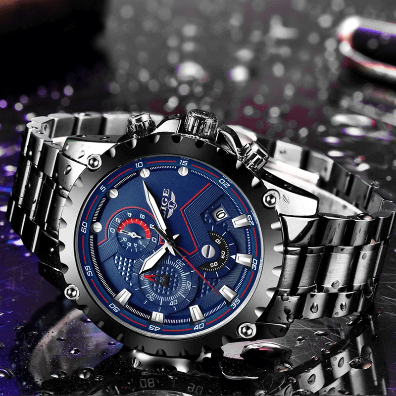 LIGE Men\'s Watch Blue Dial Stainless Steel Band Date Mens Business Male Watches Waterproof Luxuries Men Wrist Watches for Men