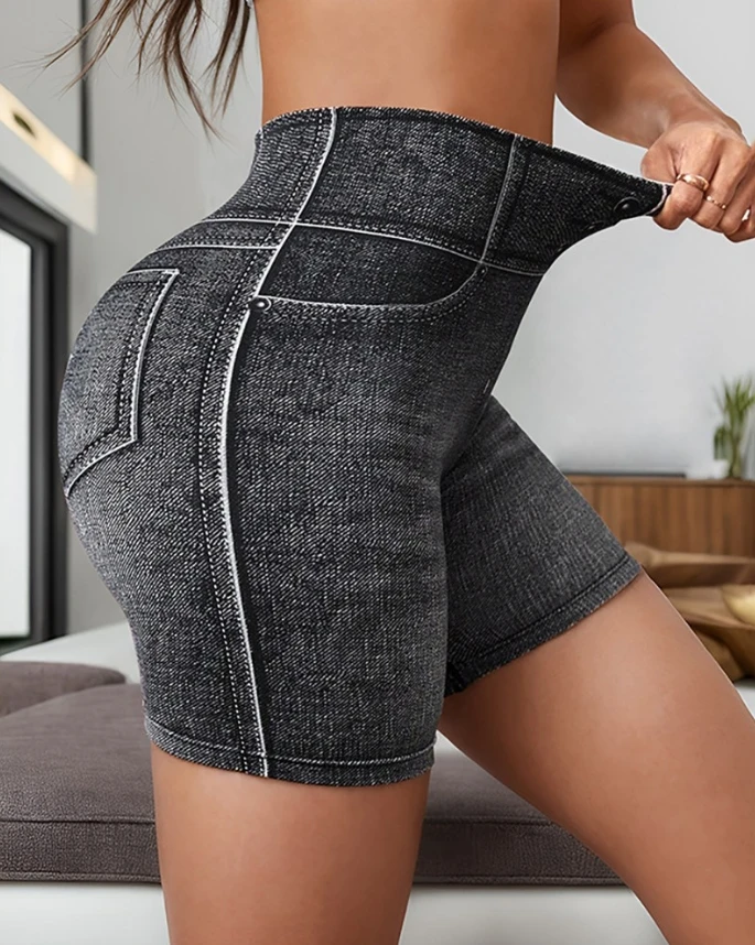 

Hot Selling for Women 2024 Summer Sporty Shorts Summer Solid Color Denim Look Print Breathable High Waist Skinny Active Shorts