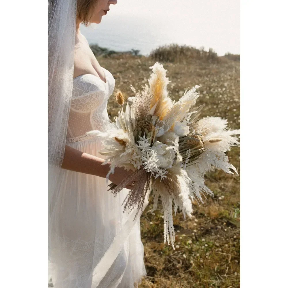 Flores secas, ramo de hierba de pampa de peonía, ramo de flores secas para novias y damas de honor, flores secas