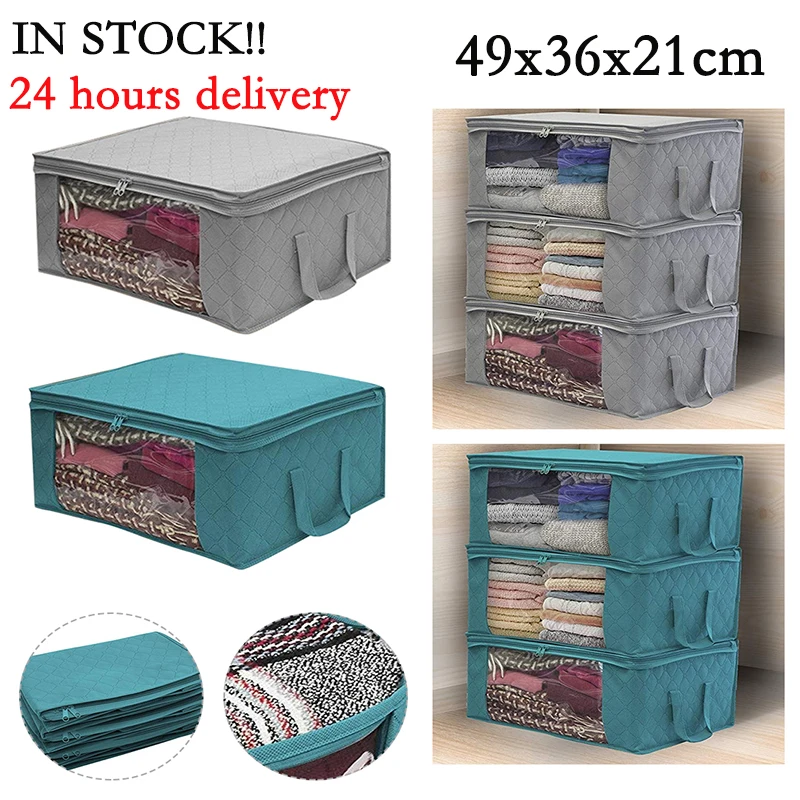 Clothing storage box organizer clothes Storage Bag Clear Window Zipper Non Woven Fabric Clothes Organizer Basket With Handles