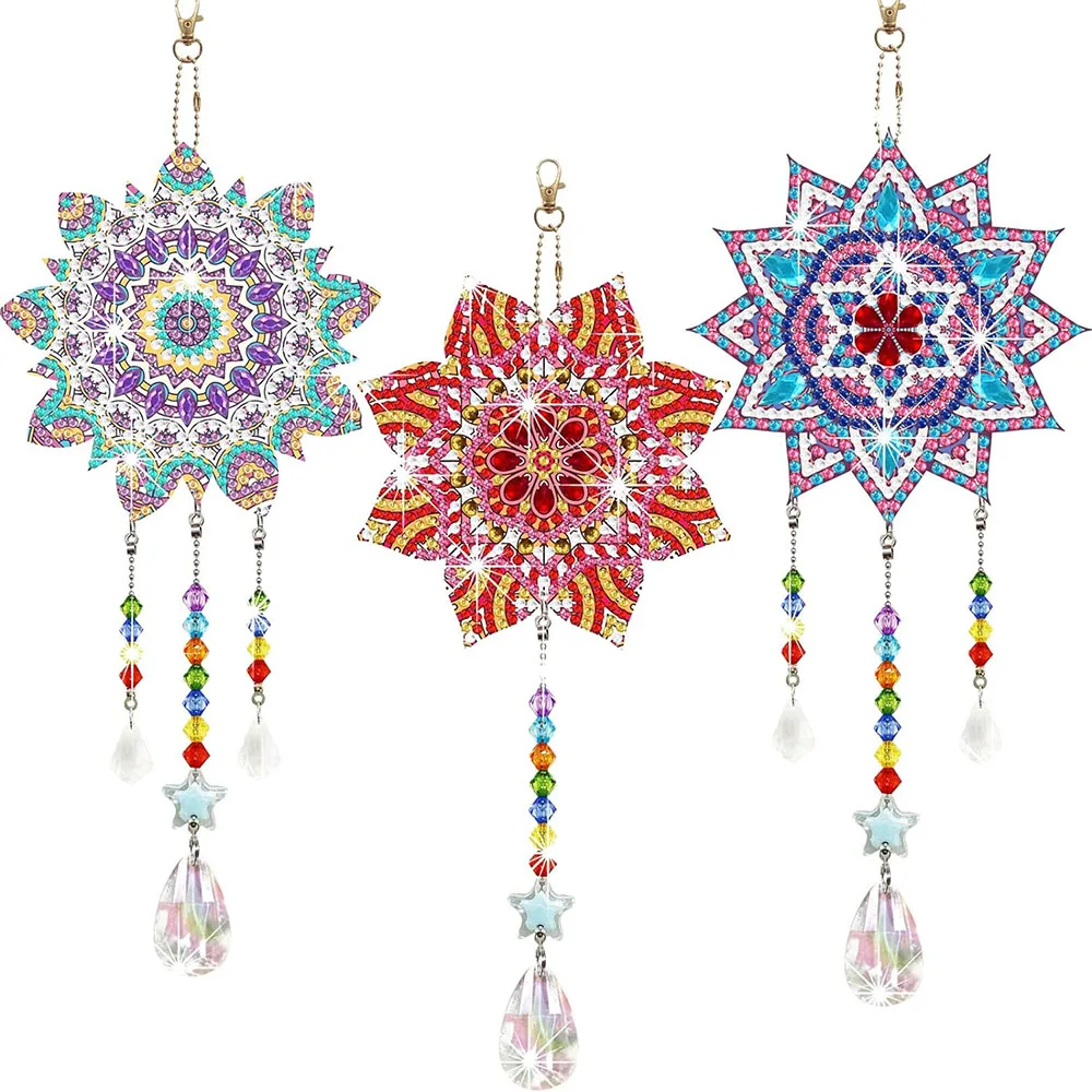 3Pack DIY Rhinestone Diamond Painting Suncatcher Wind Chime Double Sided Crystal Hanging Ornament Flower Shape Suncatcher Kit