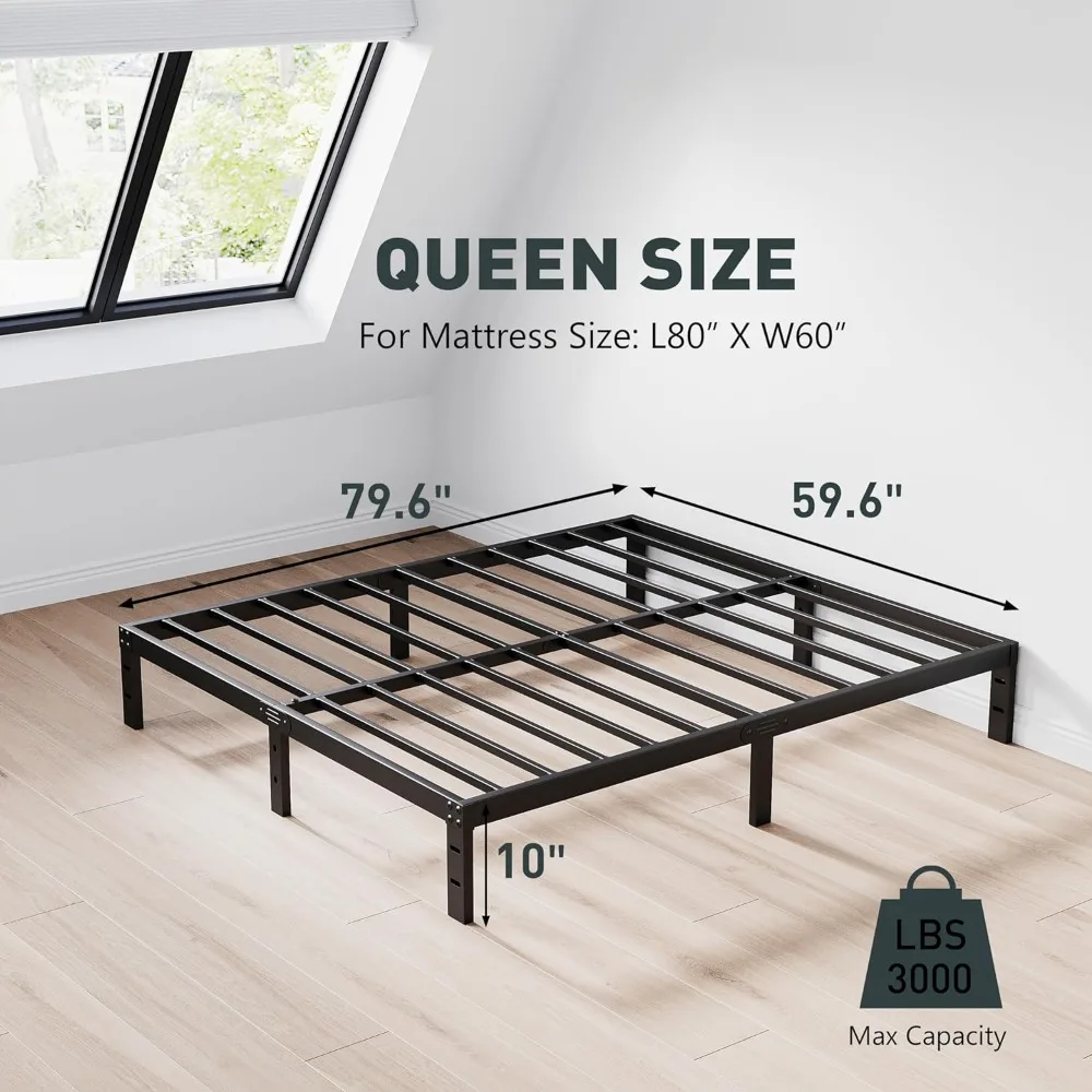 Low Profile Bed Frame - Heavy Duty Metal Queen Bed Frame in Matte Black, 10-Inch Heavy Duty Platform with Steel Slats