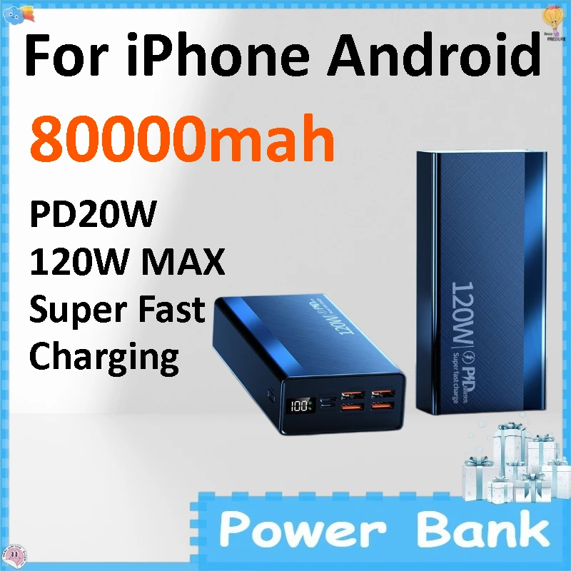 80000mAh High Capacity Outdoor Powerbank 120W Quick Charge Portable Mobile Power Supply for Smartphone Live Streaming
