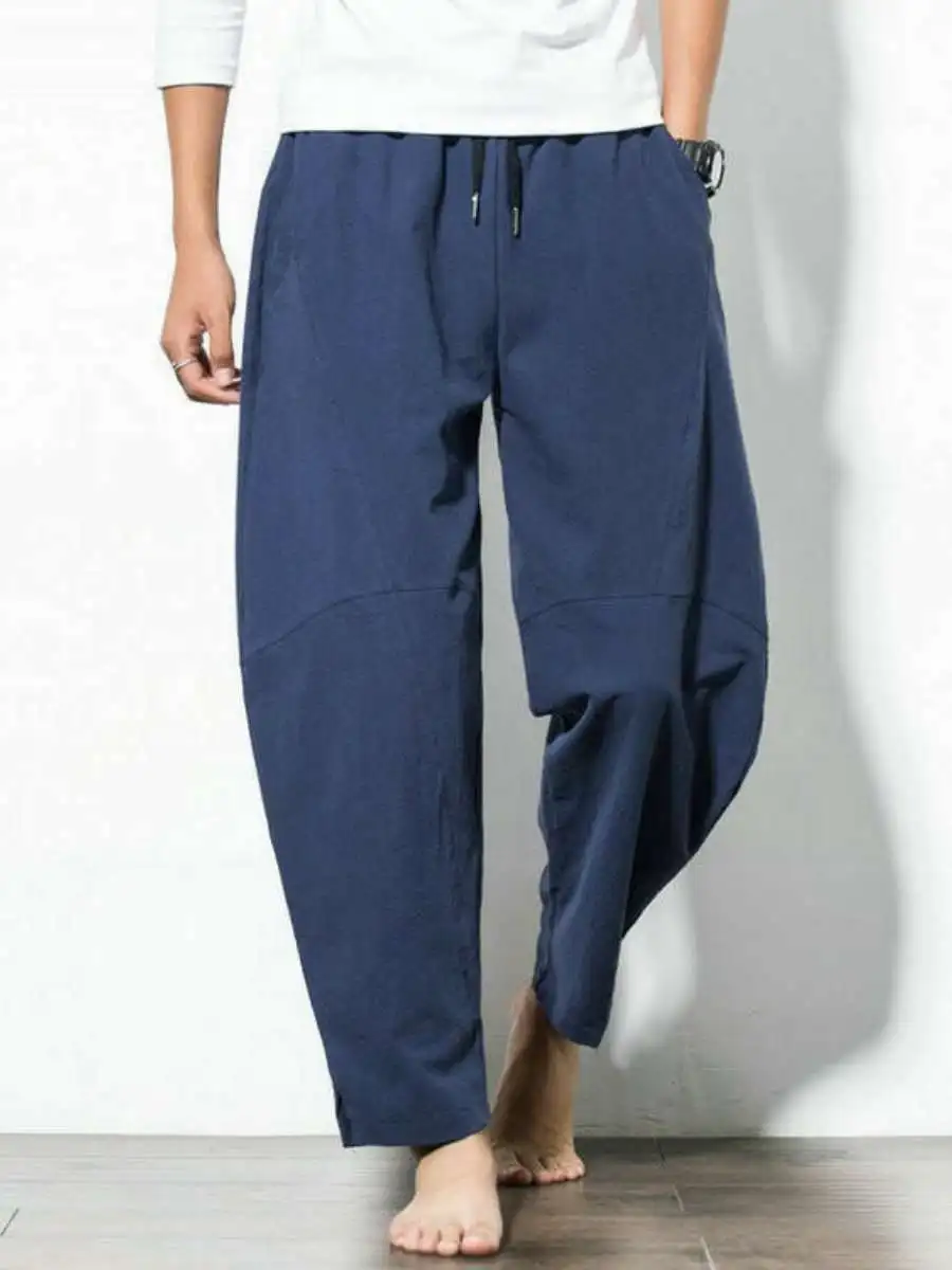 

Faionable Loose Cotton Linen Men's Harem Pants Summer Casual Loose Fit Trousers mid Waist Long Pants Harajuku Sle