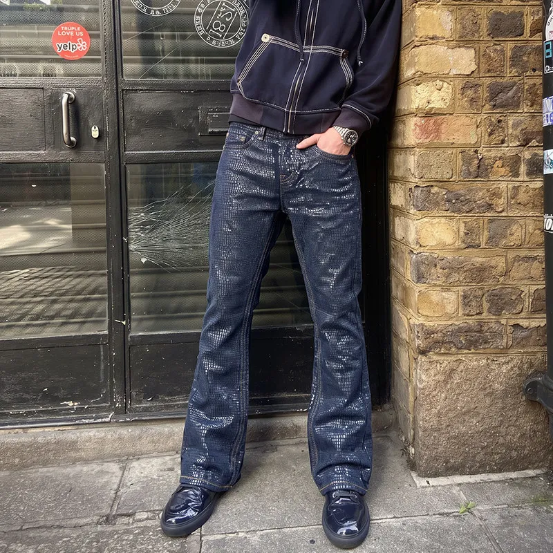 Mens Workwear Blue Snake Scale Coated Jeans Waxed Fit Flared Denim Pants for Avant Garde Fashion and Streetwear Looks