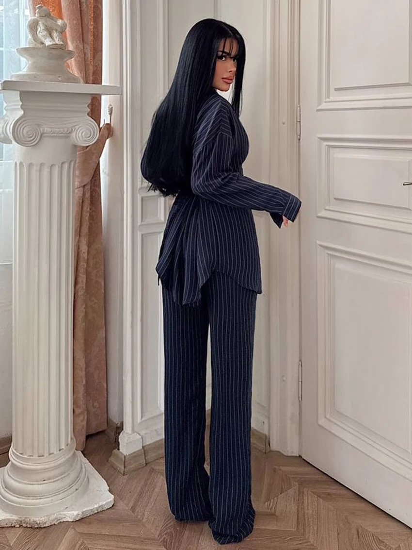 Marthaqiqi Fashion Female Sleepwear 2 Piece Set Sexy Turn-Down Collar Nightgowns Long Sleeve Nightwear Wide Leg Pants Pants Suit