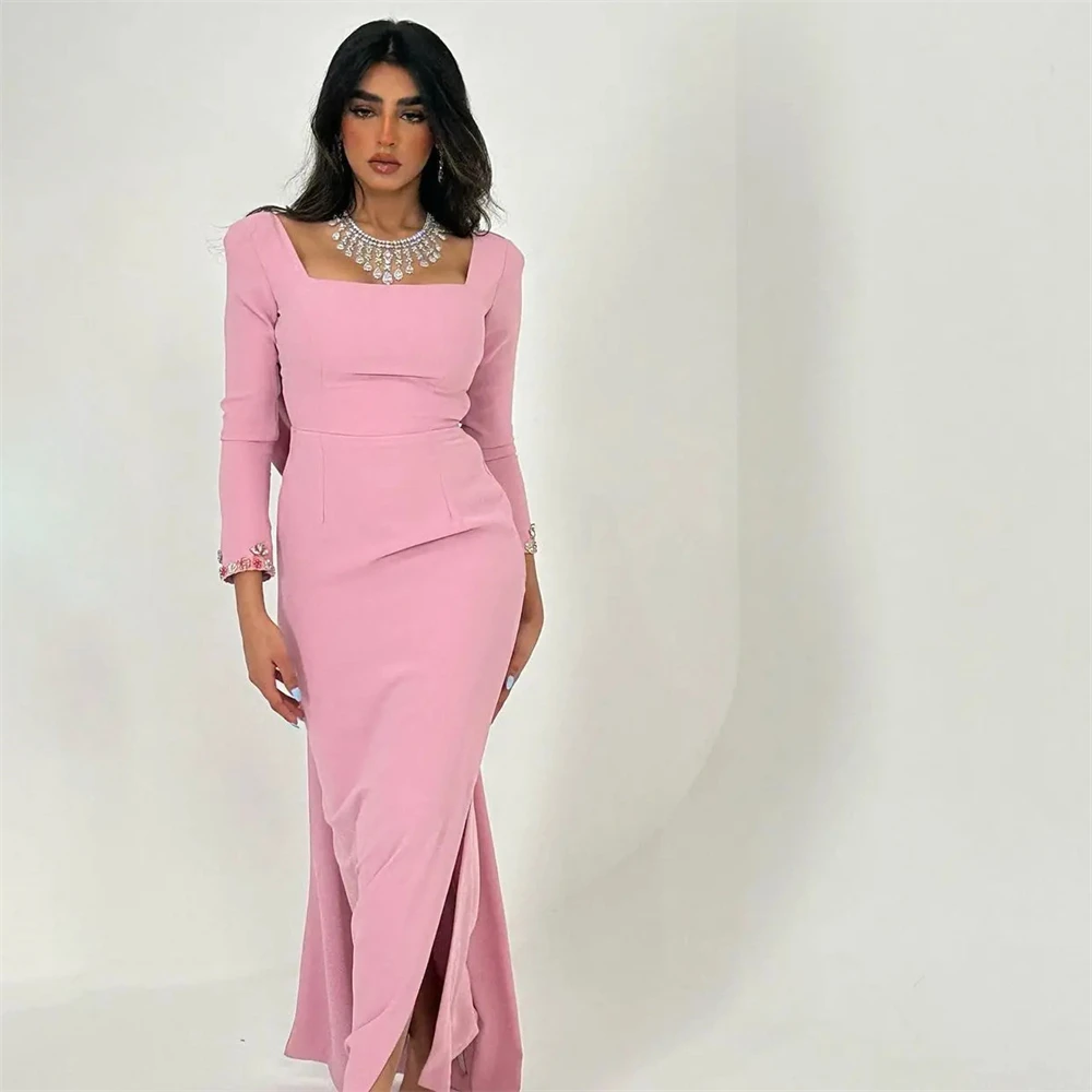 Tarot Pink Long Sleeves Beading Evening Dresses Satin Open Back Formal Prom Dress 2024 Square Collar Side Split robes de soirée