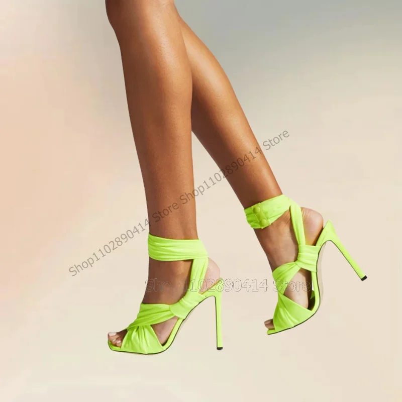 

Fluorescent Green Pleated Strap Open Toe Sandals Slip On Women Shoes Thin High Heels Fashion Banquet 2023 Zapatos Para Mujere