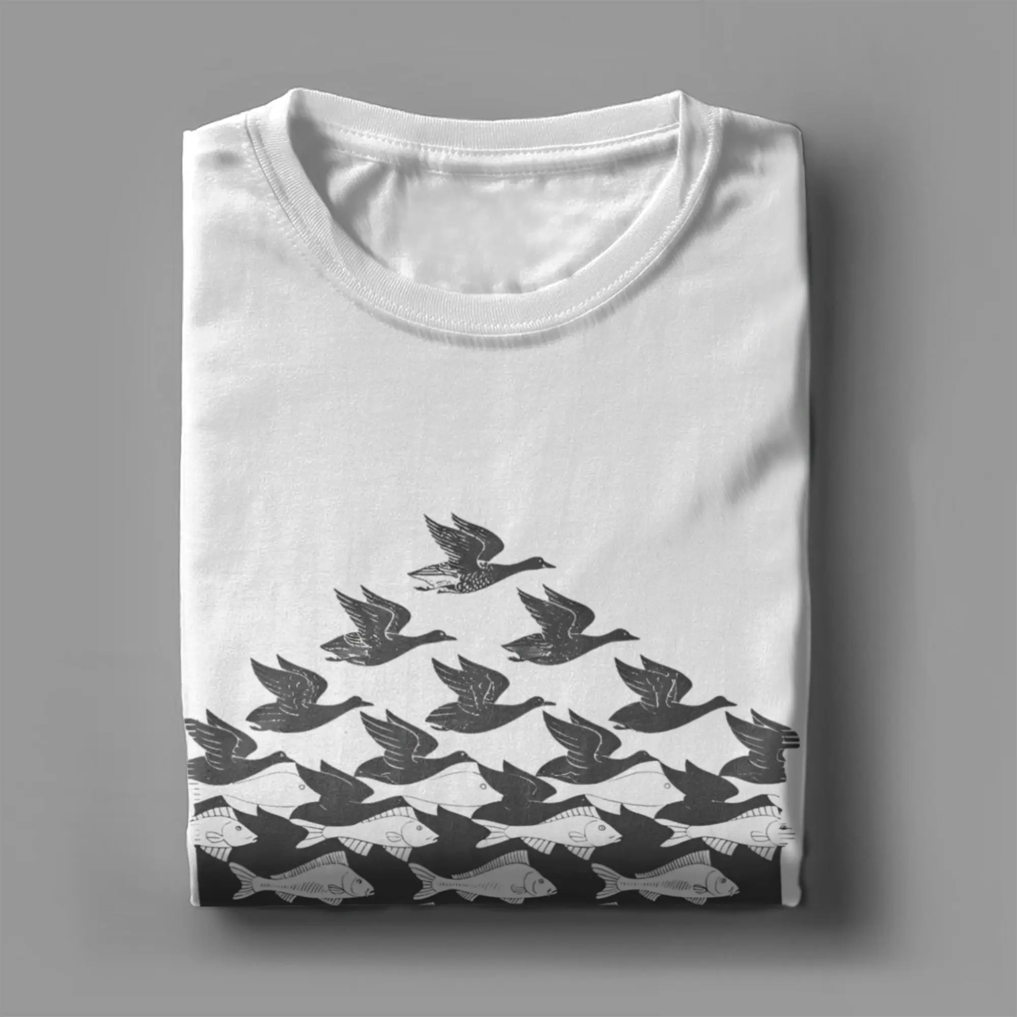 MC Escher بيت السمك الصيادين الرجال تي شيرت الفن الكلاسيكي مجنون تي شيرت قصير الأكمام طاقم الرقبة تي شيرت القطن الصيف البضائع