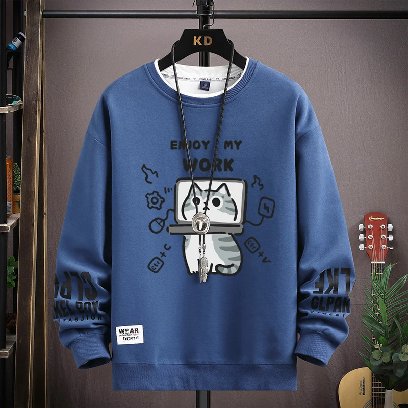 Man New in Hoodies & Sweatshirts Cartoon Cat Graphics Men's Long Sleeve T-shirt Oversized S-5XL Pullover Youth Popular Clothes