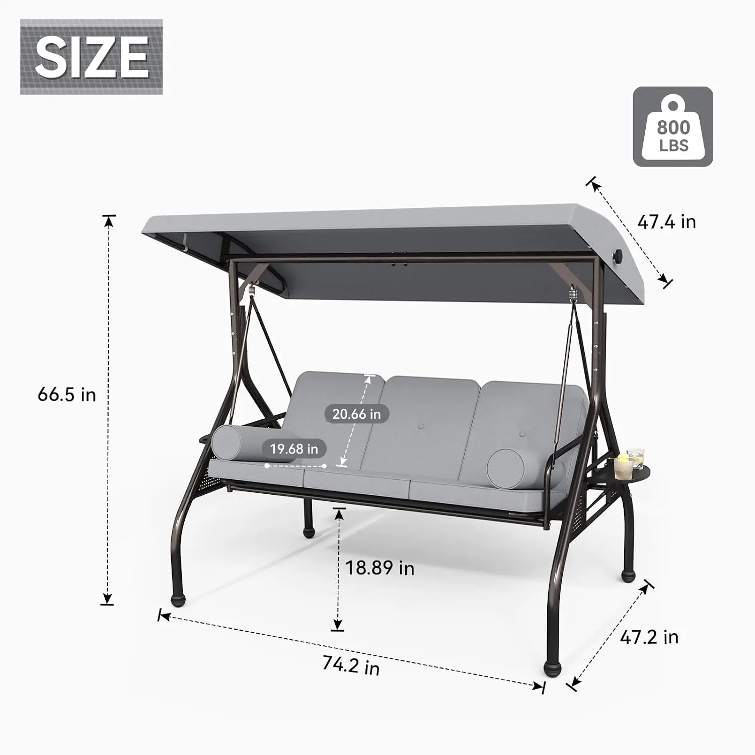 3-Seat Outdoor Porch Swing with Adjustable Canopy, Large Converting Swing Chair, Patio Swing Glider with Pillows, Customized