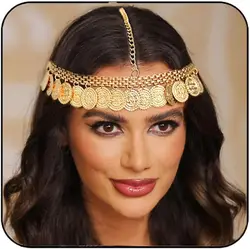 Indian Wedding Bride Headdress Trendy Gold Color Metal Coin Tassel Head Chain Headpiece For Women Holiday Hair Accessories