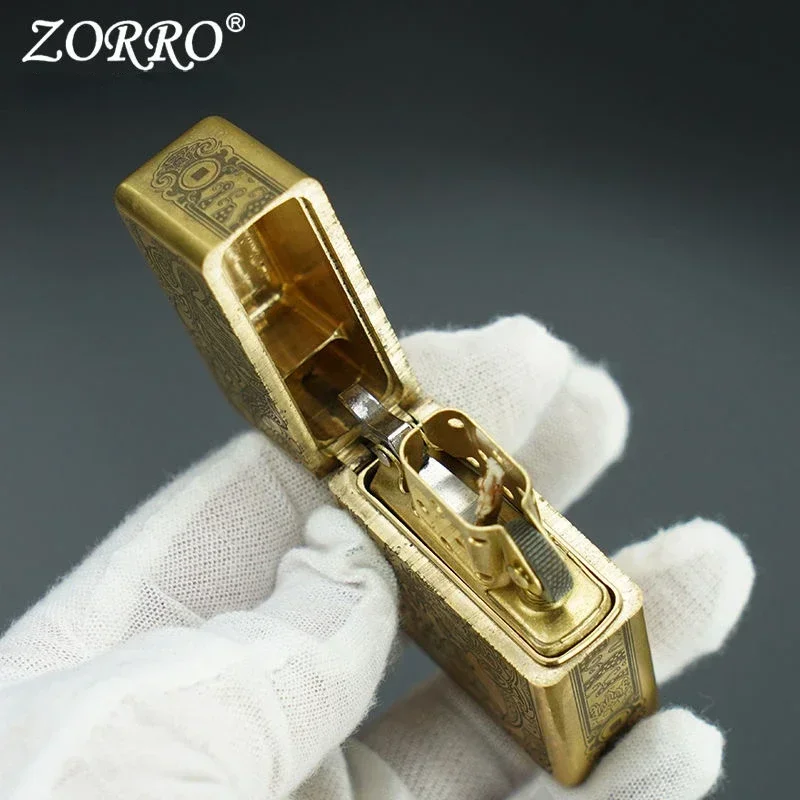 New ZORRO 912S Retro High End Heavy Armor Brass Titanium Windproof Kerosene Lighter 3/5 Hinge Metal Gasoline Lighter Men\'s Gift