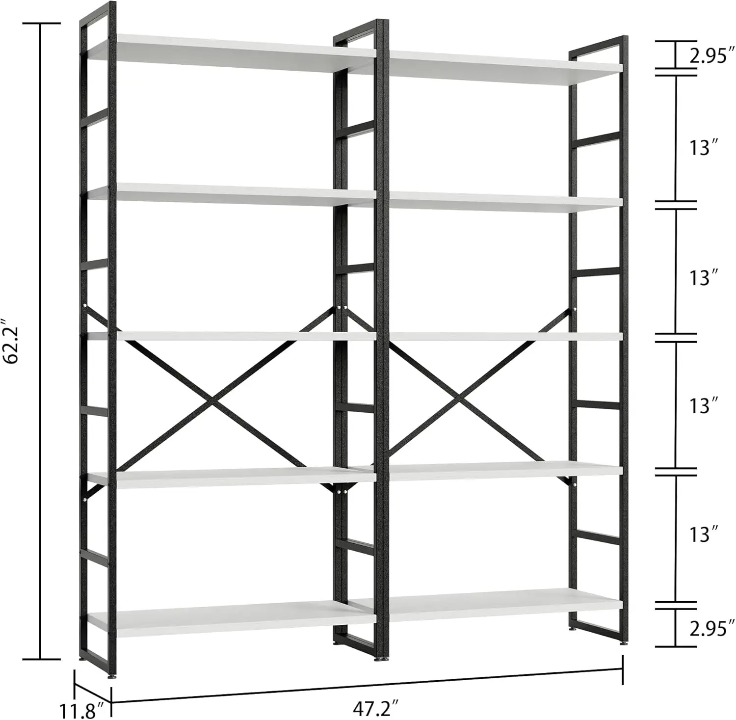 Shintenchi 2 Pieces 5 Tiers Bookshelf, Classically Tall Bookcase Shelf, Industrial Book Rack, Modern Book Holder in