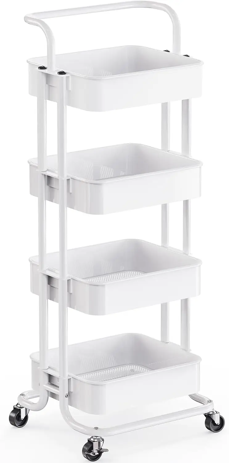 

4-Tier Rolling Metal Storage Cart with Lockable Wheels and Handle, White Utility Organizer for Kitchen Office Living Room