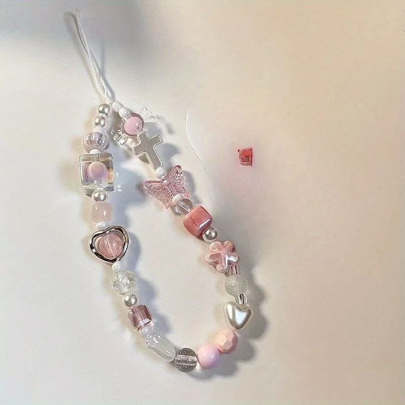 

Pink Cherry Blossom Metal Heart CCD Camera Hand Rope DIY Beads Phone Chain Hanging Rope Phone Case Pendant Gentle