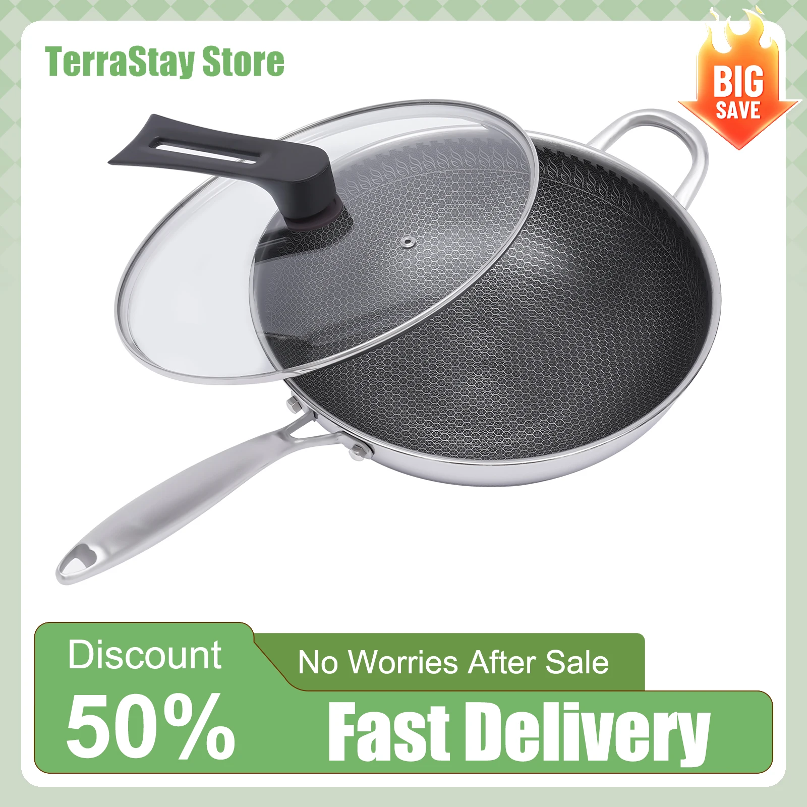 

12 Inch Stainless Steel Fry Pan Nonstick Cooking Wok Pan Honeycomb Coating w/ Ergonomic Handle & Lid Heat Retention Kitchenware
