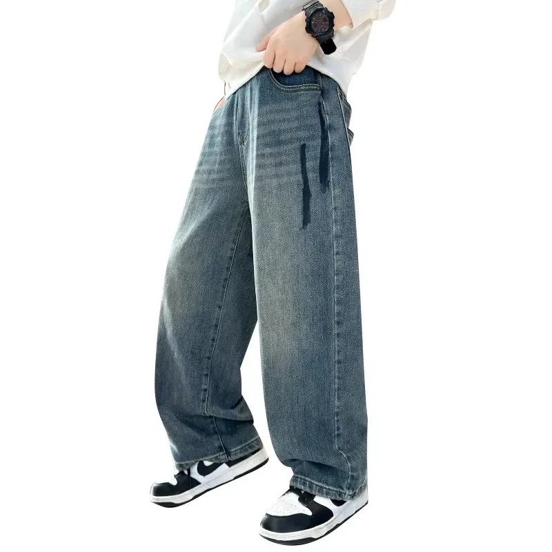 Brief Style Children Loose Straight Leg Blue Jeans for Teenage Boys Casual Denim Pants Hot Sale Kids New Stylish Jeans Trousers