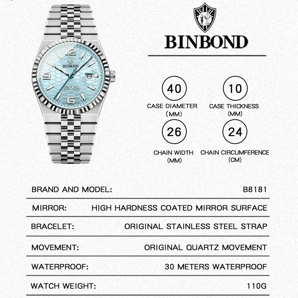 ساعة كوارتز رجالية من BINBOND طراز كلاسيكي مقاومة للماء وعرض التاريخ المضيء وساعة يد من الفولاذ المقاوم للصدأ للرجال #5