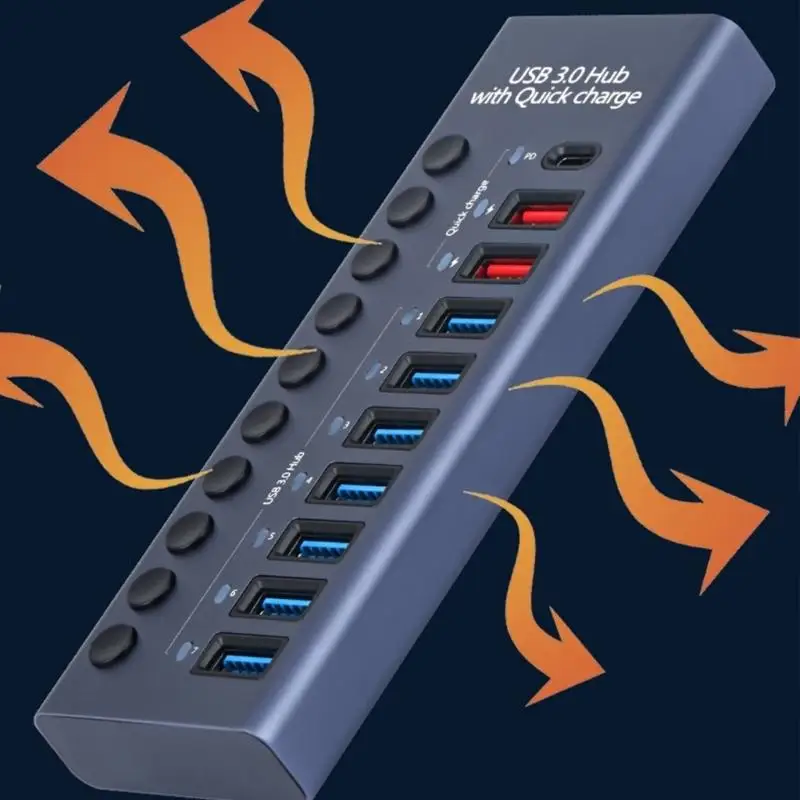 652F Aluminum USB C Hub Splitter for PC and Laptop with On/Off Switch & Power Adapter