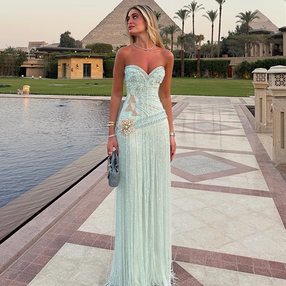 Exquisite Mermaid Evening Dress Luxury Crystal Flowers Tassel Customized Celebrity Gowns Delicate Tulle Bridal Party Dresses