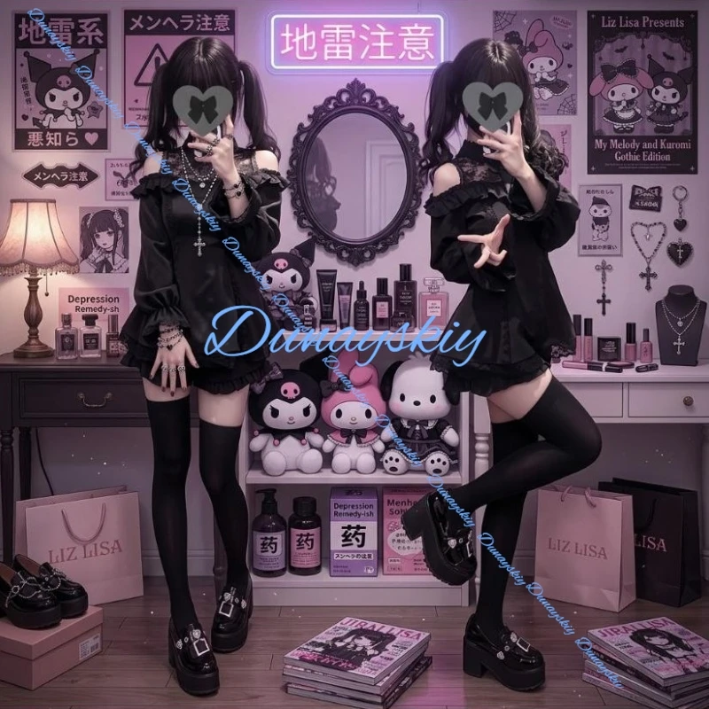 

Darkly Gothic Jirai kei Japanese Patchwork Lace Slim Set Women High Street Chic New Preppy Style Bow Suit houlder 2-piece Set