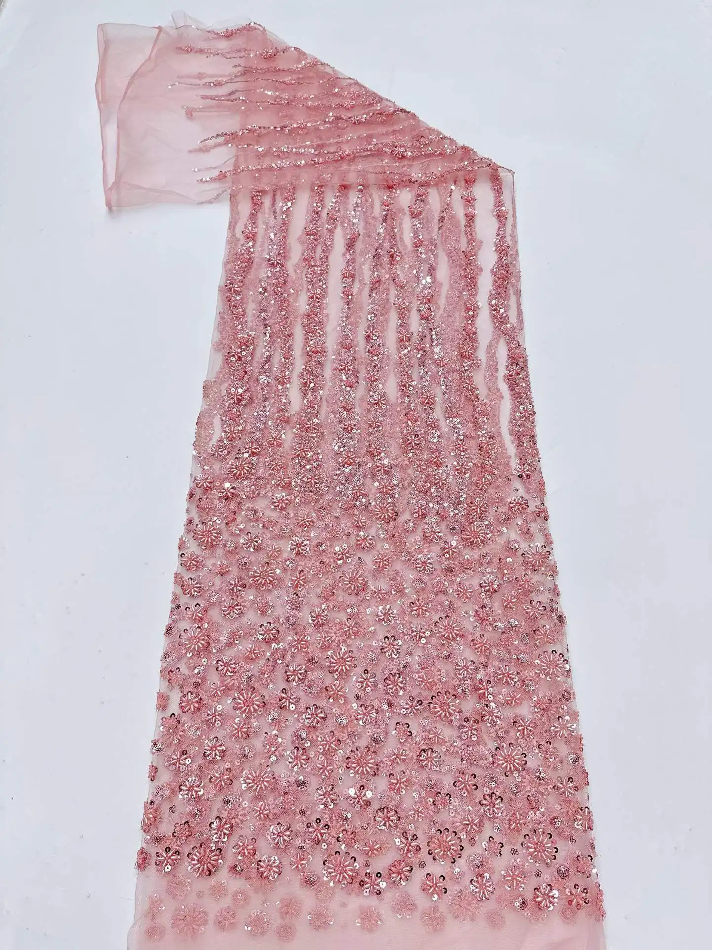 

New Design African Beaded Lace Fabric French Bridal Sequins Lace Fabric 2026 Luxury Nigerian Tulle Lace Fabric Dresses Materiel