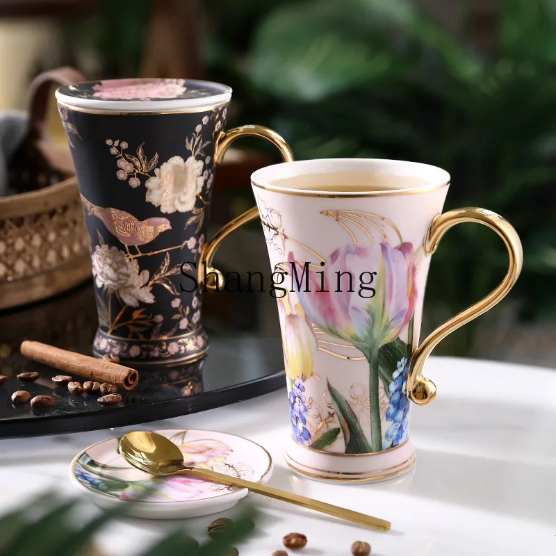 

CL pastoral ceramic mug with lid spoon water cup light luxury women's household cup male simple creativity