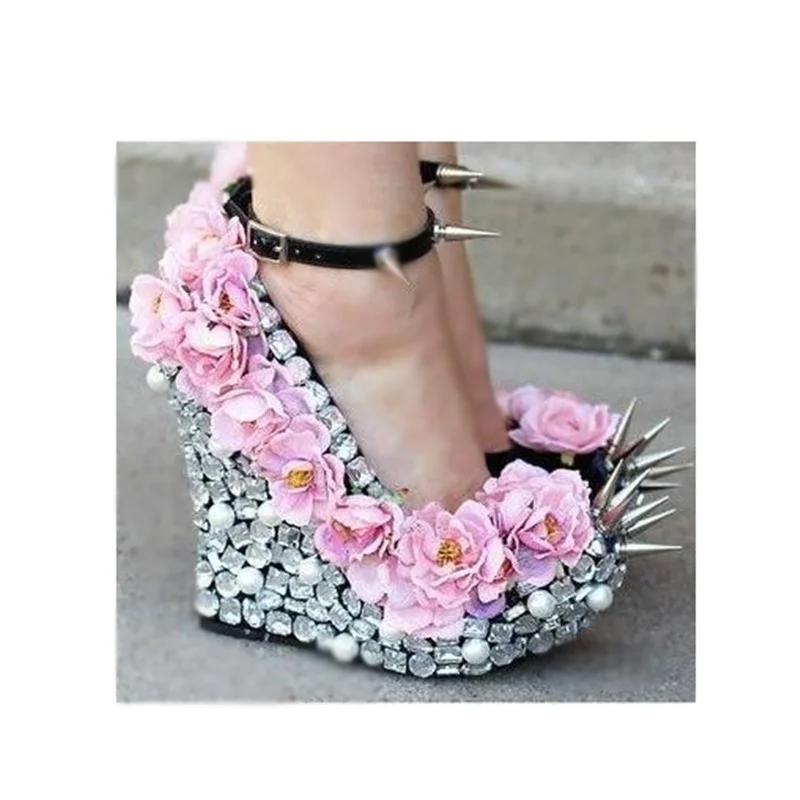 White Pink Flower Rivet Diamond Shallow Pumps Platform Wedge Fashion Sexy Cool Western Summer Woman Shoes Zapatillas Mujer